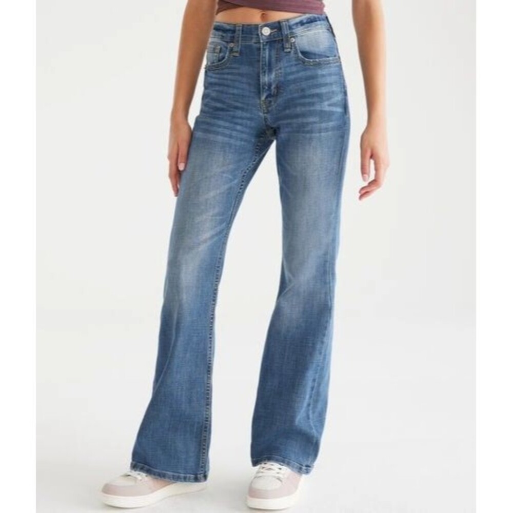 Aeropostale High Rise Flare Jeans Size 0 Faded Blue Wash Stretch Denim